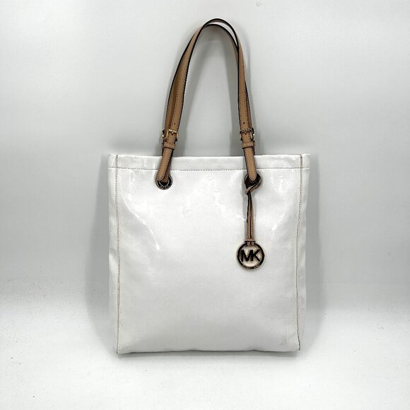 MICHAEL KORS White Jet Set Patent Leather Monogram Embossed Large Tote Purse - Picture 1 of 14